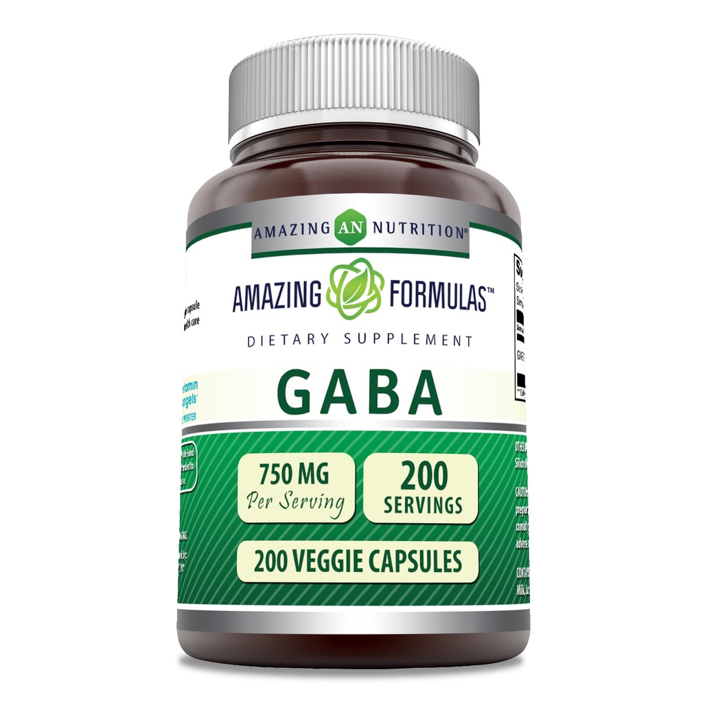 Amazing Supples GABA 750mg Per Serving Veggie Capsules Supplement Nex124; Non-GMO Next 124; Gluten Free Nex124; Made in USA Next 124; Ideal for Vegetarian (200 Count)