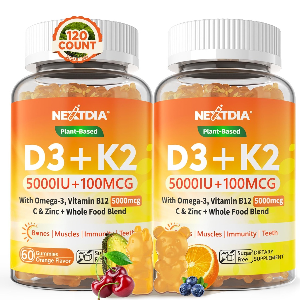 Witamina D3 K2 Gumiaki 5000j. m. / 10 000 j. m. z Omega-3 250mg + K2 (MK- 7) 100µg - 5X Wchłanianie Niż standardowy D3K2, Witamina C, Cynk i 5 Warzyw organicznych, Wspiera wytrzymałość kości i zębów, immunologiczne