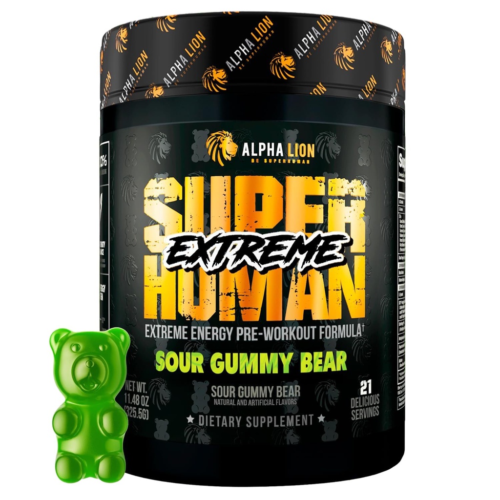 ALPHA LION Superhuman Extreme High Stim Pre Workout Powder, Beta Alanine, L- Tauryne & 356mg TriSource Cafeline for Sudden Energy, Nitric Oxide & Citruline for Pump (21 Servings, Sour Gummy Bear)