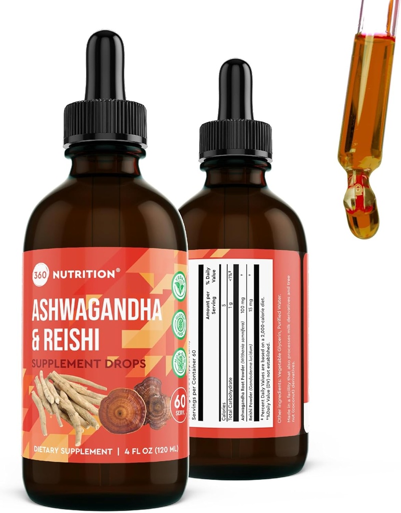 360 Nutrition Ashwagandha & Reishi Suplement korzeniowy Drops for Stress Relief, Stamina & Longevity, and Energy Support - Vegan Non-GMO Adaptogenic - 4 fl oz, 60 Służenia