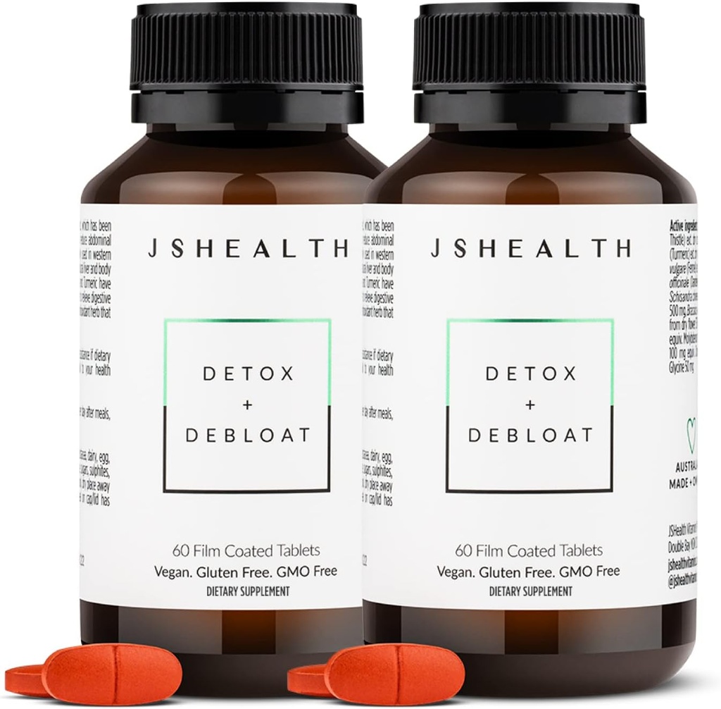 JSHealth Vitamins Detox and Debloat Liver Health Formula 124; Liver Detox Pills Detox 124; Debloating Formula with Milk Tistle, Turmeric, Fennel Detox 124; Liver Cleanse Supplement (60 tabletek, Opakowanie po 2)