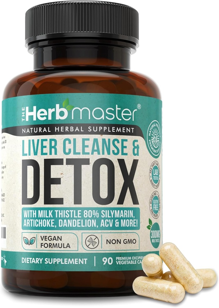 Nora Ross Herbmaster Liver Cleanse Detox & Naprawa - 27- in-1 Herbal Liver Supplement for Men & Women - Milk Thistle Supplement in / Artiduck Extract, Cholina, Cynk & Dandelion Root - 45 Służenie