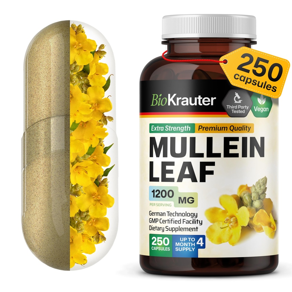 BIO KRAUTER Mullein Capsules 1200 mg 250 Count - Pure Vegan Mullein Leaf Extract for Lungs - 125 Days of Supply - Lung Cleanse & Rescue Supplements - No Fillers, Non-GMO