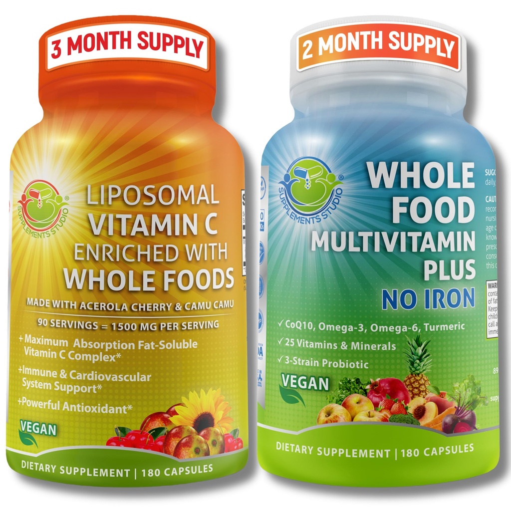 Witamina liposomalna C 1500mg + wegańska cała żywność Multiwitamina Bez Żelaza - Energia & Immune Support Bundle z organiczną Acerola Cherry, Camu Camu & Wzbogacony o całą żywność -Non-GMO, Czyste etykiety