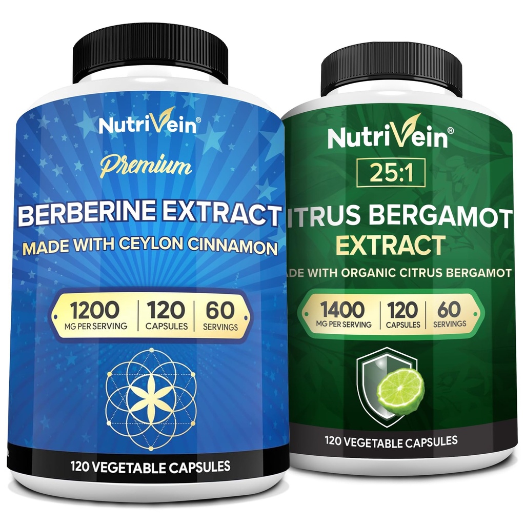 Żywotna żyłka Premium Berberine 1200mg & Citrus Bergamot Extract 1400mg Bundle - Ceylon Cynamon & 25: 1 Bergamia Extract - Zarządzanie wagą i immunologiczne Wsparcie Plus Heart Health - 120 Kapsułki Każdy