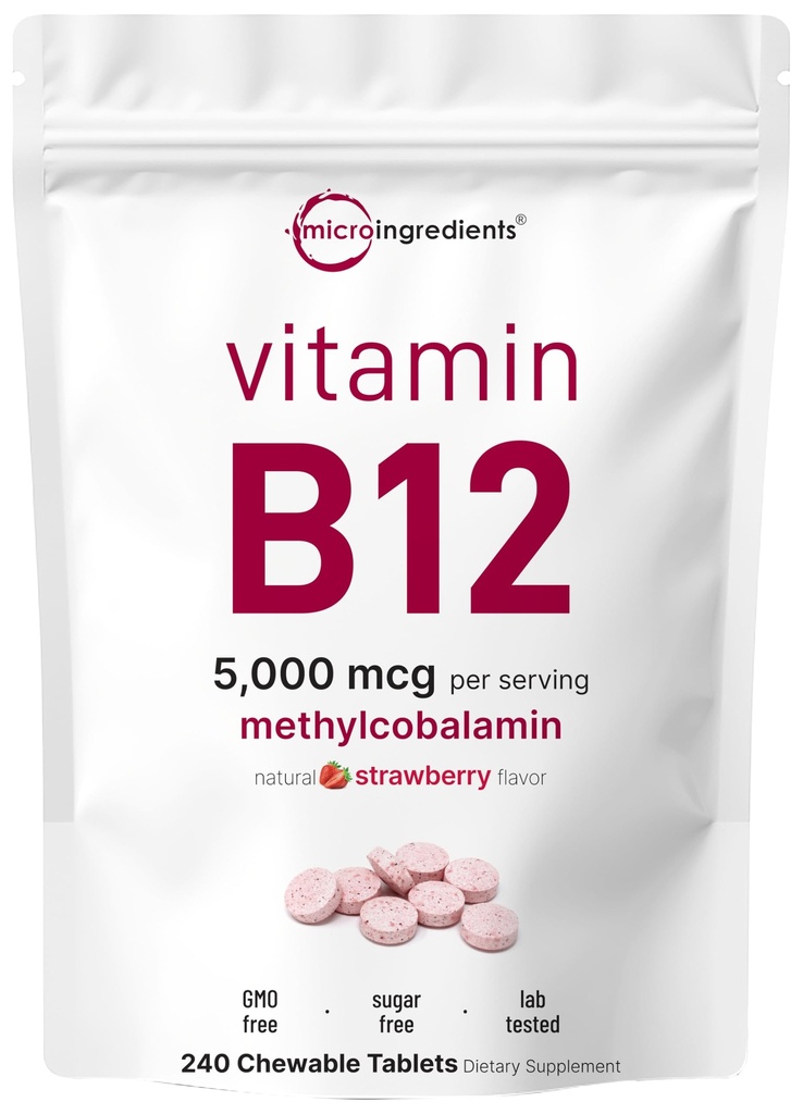 Micro Ingredients Vitamin B12 5,000 mcg | Methylcobalamin – 240 Chewable Tablets | Fast Dissolve, Natural Strawberry Flavor | Vegan, Non-GMO, Gluten Free