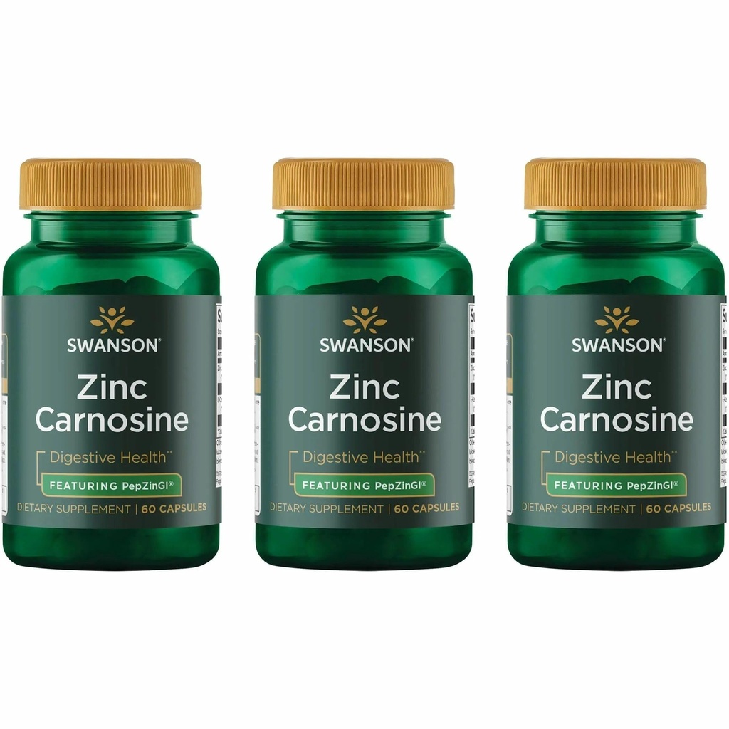 Swanson Zinc Carnosine (PepZin GI) - Natural Supplement Promotion Gastric Health & Digestive Support - Wsparcie równowagi mikrobialnej w żołądku - (60 kapsułek) (3 opakowania)