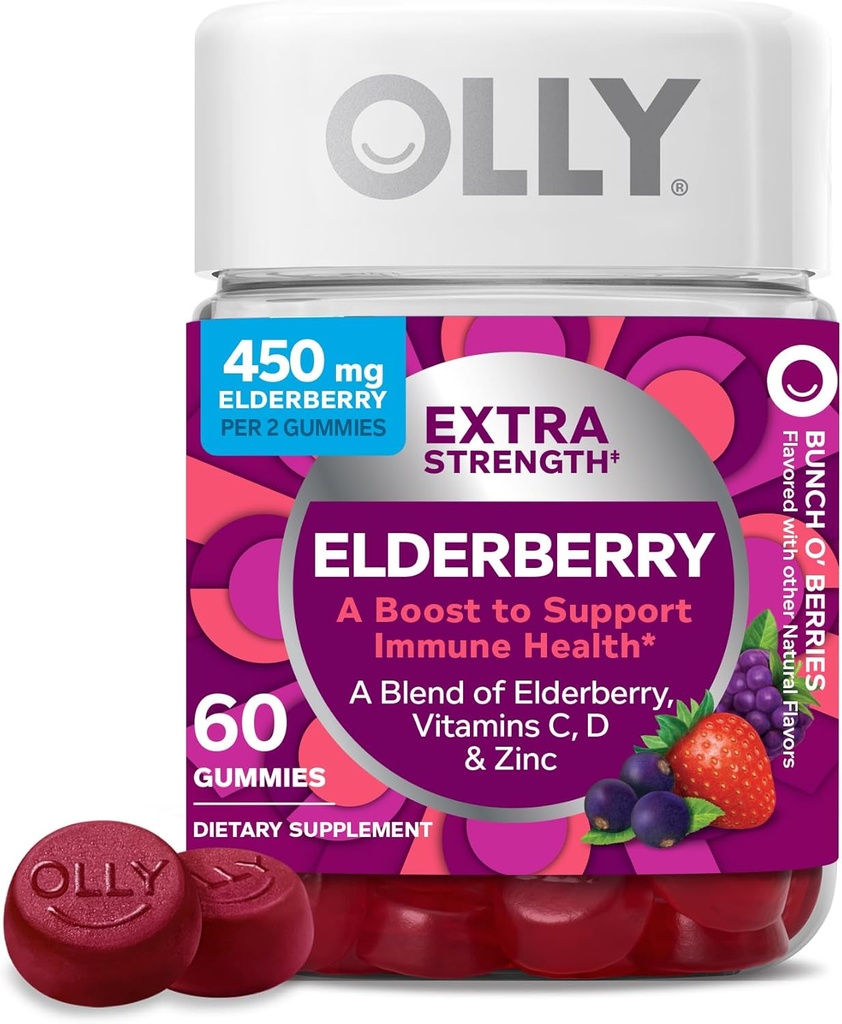 OLLY Extra Siła Gummies Elderberry, Wsparcie immunologiczne, 450mg Elderberry, Witamina C, D i Cynk, Berry - 60 Count