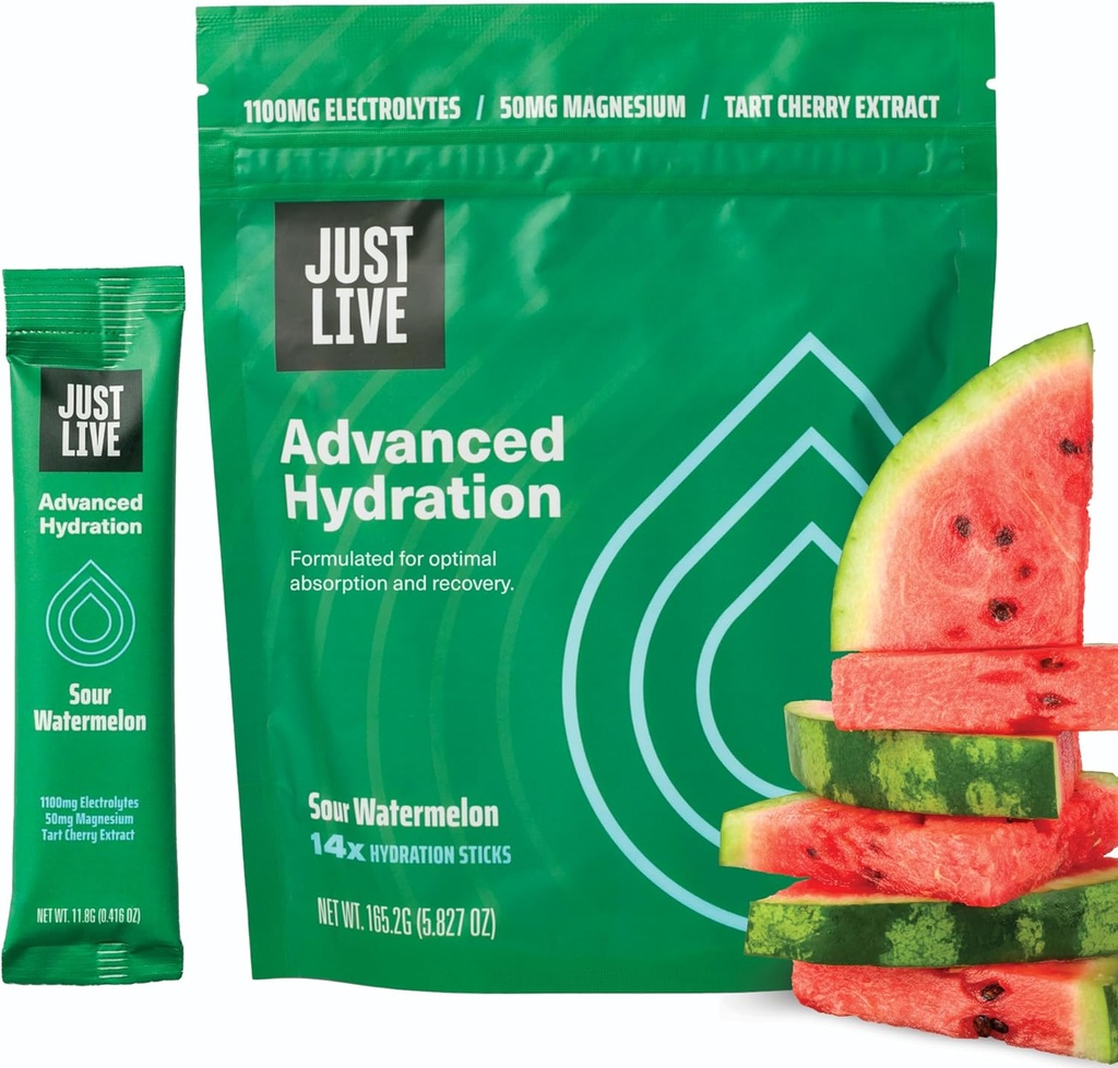 Just Live Advanced Hydration - Sour Arbuz, Electrolyte Drink Mix, Tart Cherry Extract, Wspiera Odzyskiwanie i Wchłanianie, Niski cukier, 14 Pack
