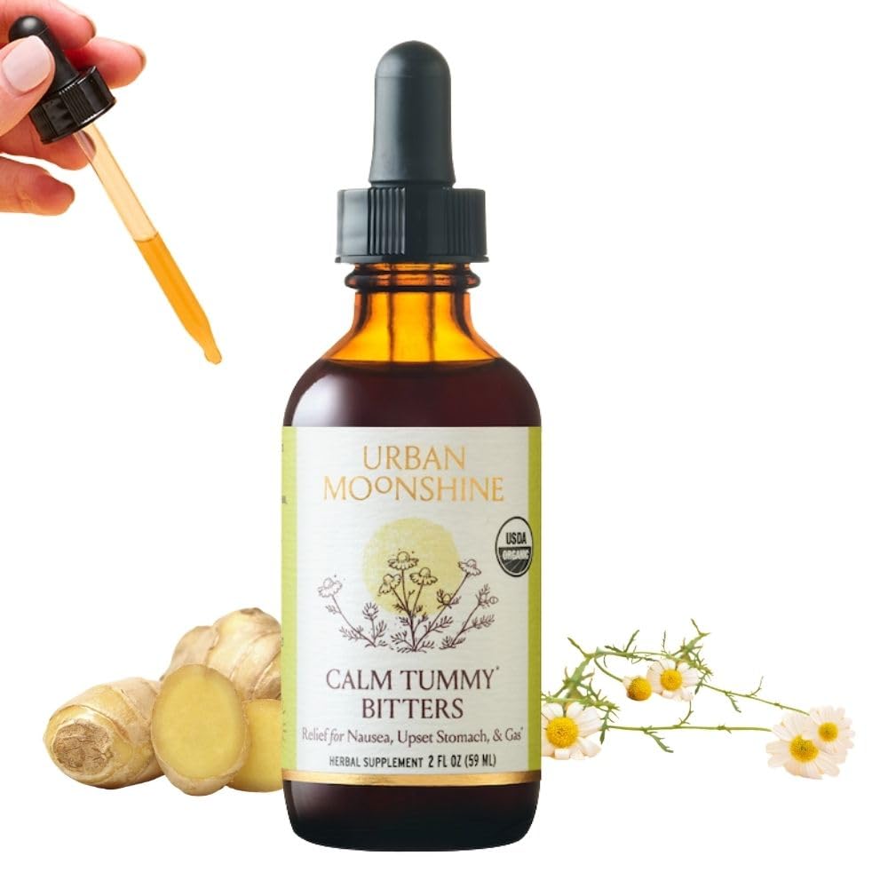 Urban Moonshine Calm Tummy Bitters - Certified Organic - Relief dla Nudności i Upset Stomach * - Bloating Relief * - Soothes Digestion * - Bitters - Gluten Free Herbal Supplement - 2 Fl Oz