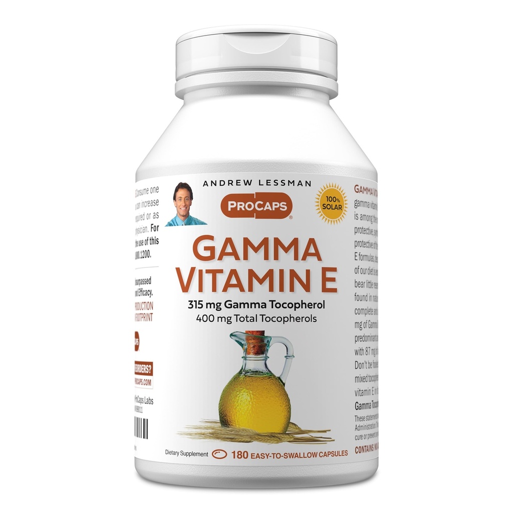 ANDREW LESSMAN Gamma Witamina E 180 Softgels - 315 mg Gamma Tocoferol, Ochrona Witamina E. Cztery formy naturalnych Tocoferoli z oleju ahiflower. Potężny przeciwutleniacz. Brak form syntetycznych