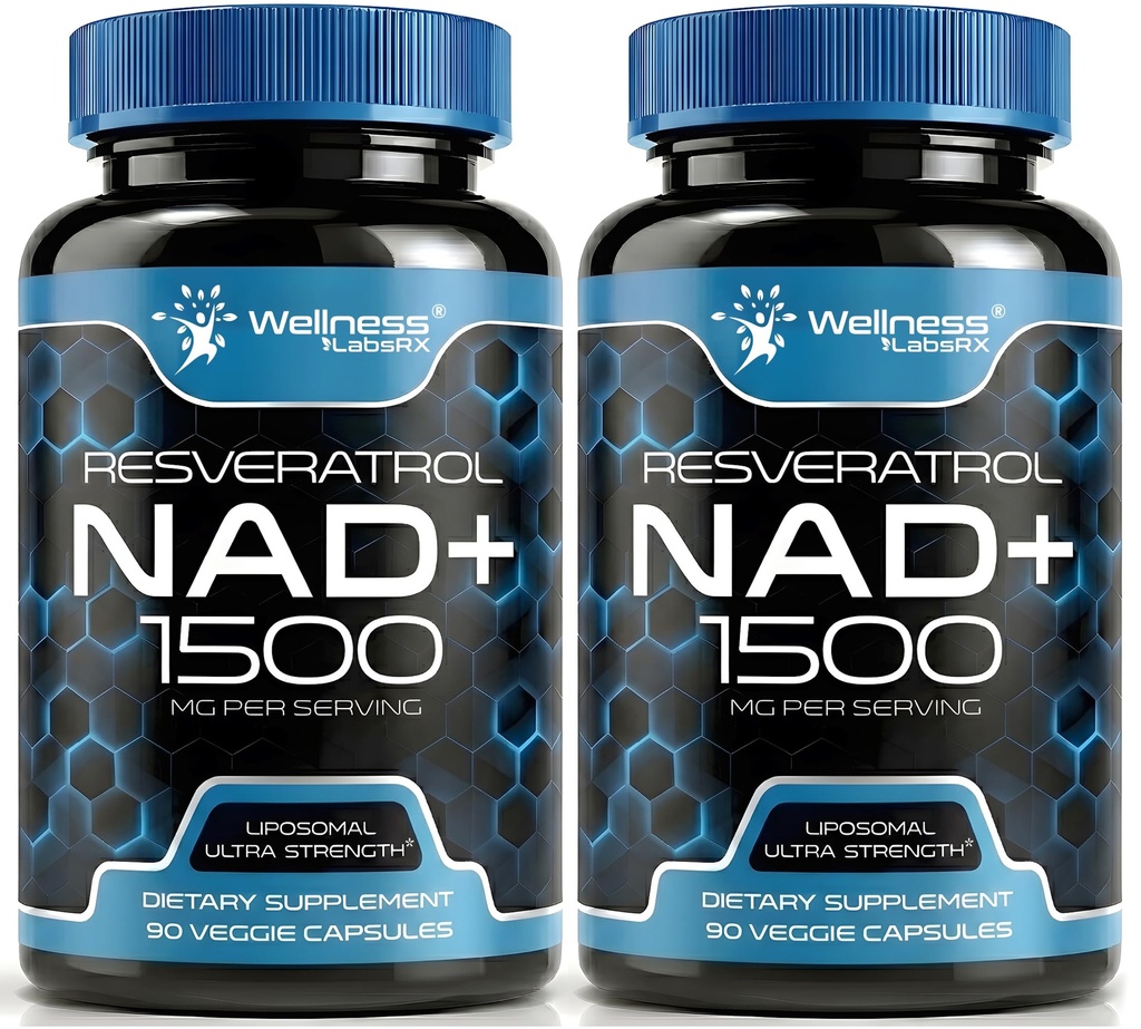 WELLNESS LABSRX NAD Supplement, 1500mg - Liposomal NAD + Suplement z Resveratrol, NAD Plus Boosting - Wsparcie zdrowia komórkowego, Stamina & Zdrowe Starzenie - Ultra Siła kapsułki, USA Made - 2 Pack