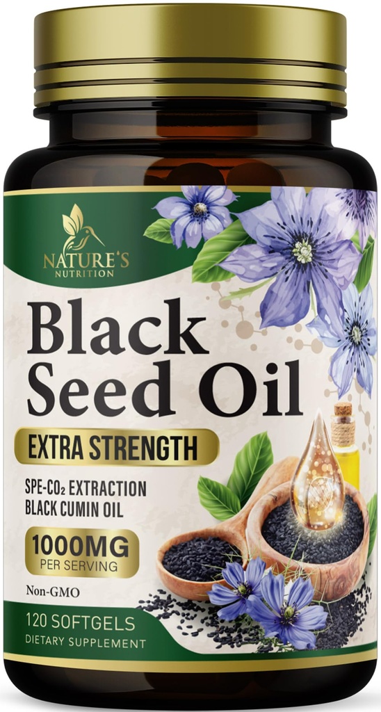 Black Seed Oil Softgels 1000mg - Premium Nigella Sativa Blackseed, Pure Natural Black Cmin Seed Oil & Przeciwutleniacz do skóry i immunologicznego wsparcia - Nie GMO, Butelki w suplemencie USA - 120 Softgels