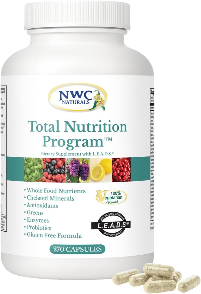 NWC Naturals Total- Nutrition Program Multivitamin z Enzymy Plus Prebiotyki i suplement Probiotyki, Kompletna opieka dla mężczyzn i kobiet, Wegetariański Natural Whole Food Vitamin, 270 Kapsułki
