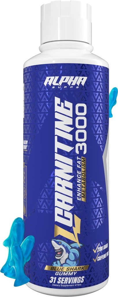 Alpha Supps L Carnitine Liquid 3000 XI124; Stimulant- Free L- Carnitine Suplement dla mężczyzn i kobiet XI124; Pre- Workout Energy Boost & Muscle Recovery 124; Zero Sugar, Fat, & Carbs XI124; 31 Sługi (Blue Gummy)