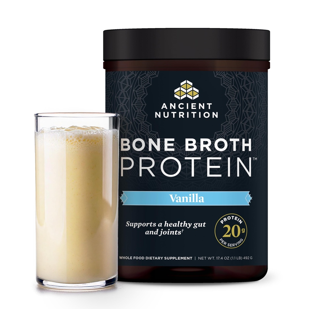 Ancient Nutrition Grass Fed, Cage Free, Bone Broth Protein Powder, 20 g białka, Zhydrolizowane Kolagen Peptydy, Keto & Paleo Friendly, Wsparcie Joint, Gut Health, Vanilla, 20 Sługi
