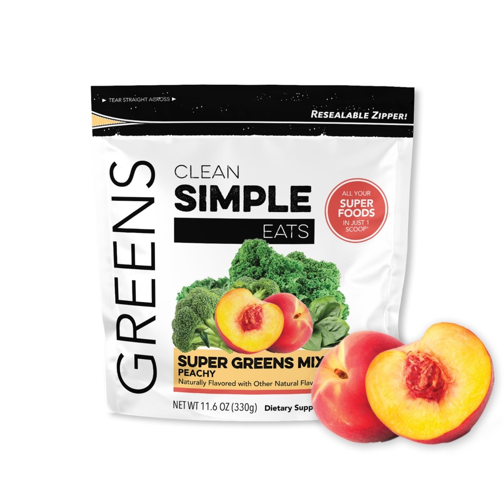 Czyste proste jedzenie Super Zielone Proszek, naturalnie pachnące Zielone Proszek z Chlorella, Spirulina, Superfoods & Fiber prebiotyczne, Brak sztucznych składników, Gluten Free, Peachy Zielonych Flavor, 30 Srvgs