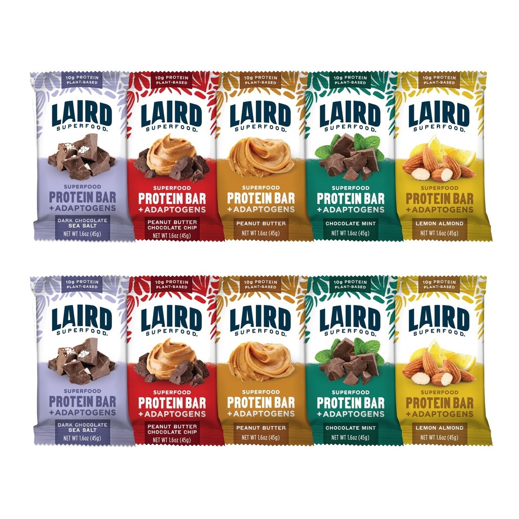 Laird Superfood Functional Protein Bars - Protein Bar, ale lepiej z Real Ingredients, Functional Mushrooms 10g Plant- Based Protein, 6g Fiber - Non-GMO - 5 Flavor Variety Pack, 10 Count (Pack of 1)