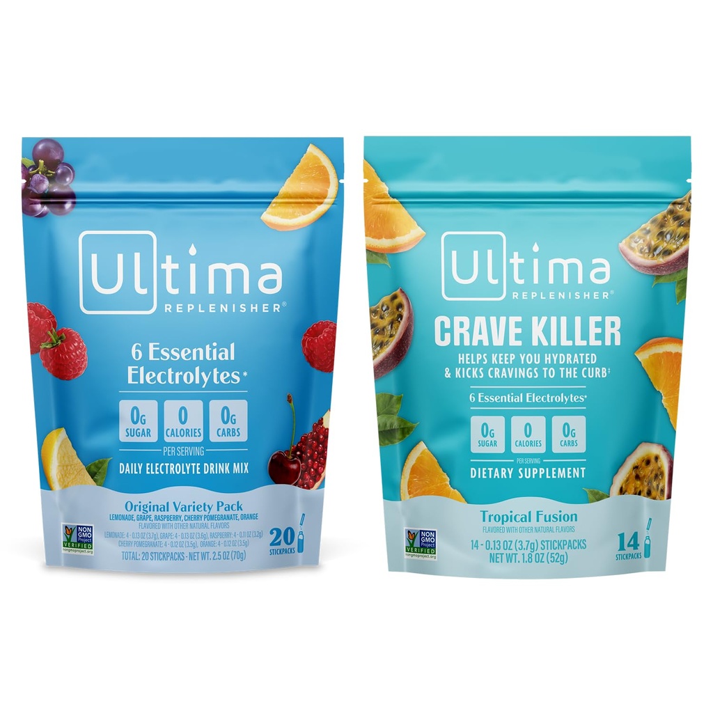 Ultima Replenisher Electrolyte w proszku mieszanki napojów - Cukier wolny - Odmiana, Crave Killer - 20 Stickpack, 14 Stickpack - 6 Electrolytes and Minerals - Keto Friendly, Wegan, Non-GMO