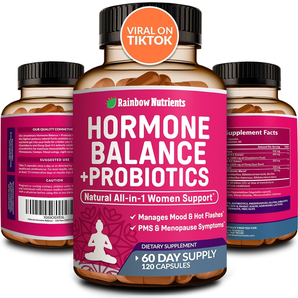 Hormon Równowaga + Probiotyki dla kobiet- Natural Menopauza Relief, Zarządzanie wagą, Bloating, Hot Flash, PMS Bilans 124; Organic Maca, Chasteberry, Dong Quai & Black Cohosh Bilans 124; Non GMO 124; 120 V Kapsułki