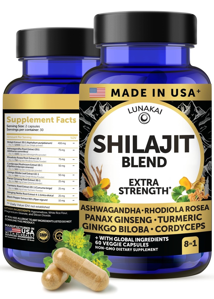 Lunakai USA Made Pure Shilajit Kapsułki z Ashwagandha, Rhodiola & Cordyceps - Extract Extra Siła Shilajit dla mężczyzn i kobiet, 60ct