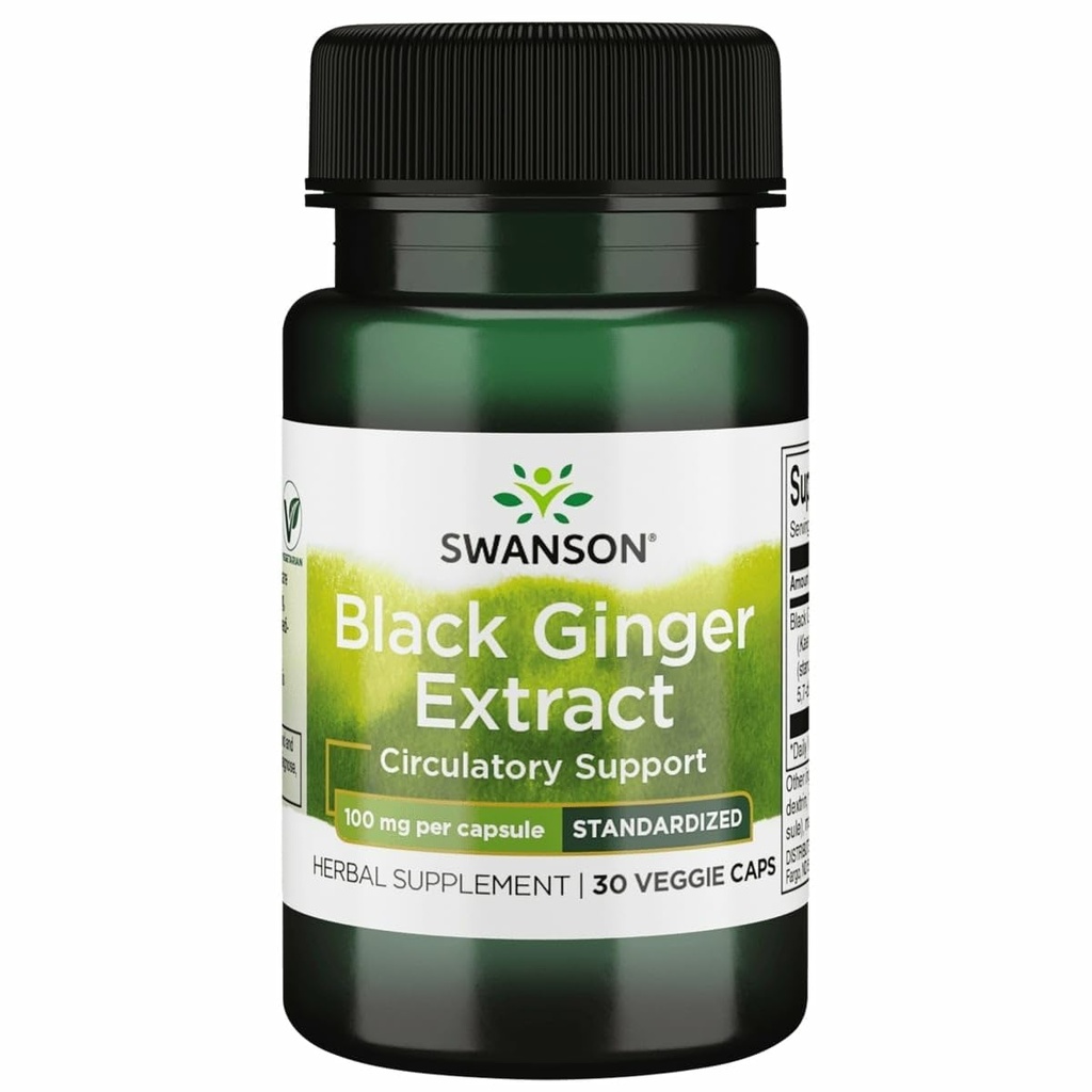 Ekstrakt Swanson Black Ginger - Promotes Healthy Blood Circulation and Physical Vigor - May Aid Heart Health, Muscle Tissue, and Wellbeing - (30 Veggie kapsułki, 100 mg każdy) 1 opakowanie