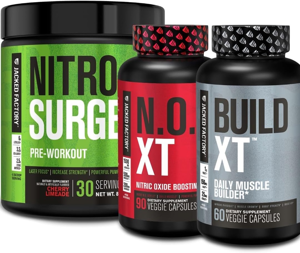 Jacked Factory Nitroshare Pre Workout, N.O. XT Suplement tlenku azotu & Build- XT Daily Muscle Builder Bundle