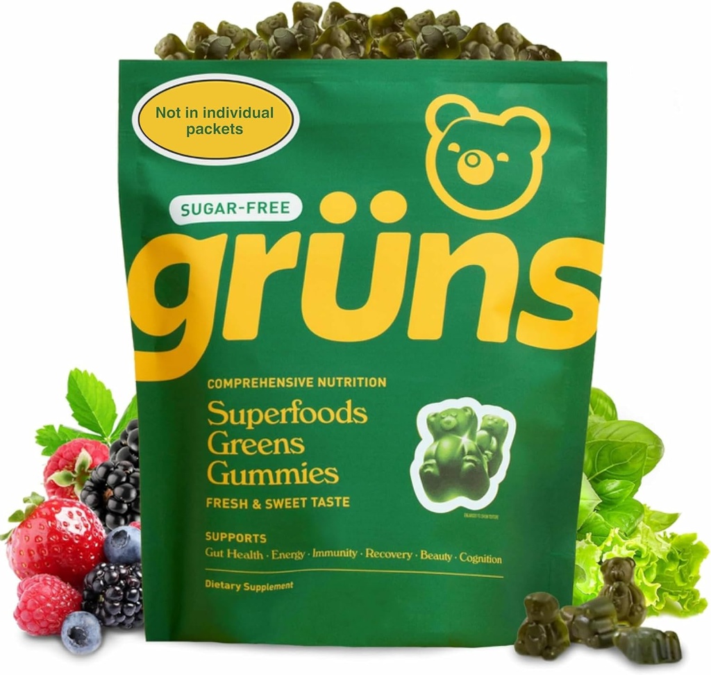 Gruns Adult Sugar-Free Super Zielone Gummies - Superfood Gummy Bears z Spirulina, Chlorella, Fiber & Prebiotyki dla zdrowia trawiennego, Suplement Adaptogen z 20 Witaminy i Minerały, 2 Tydzień dostaw