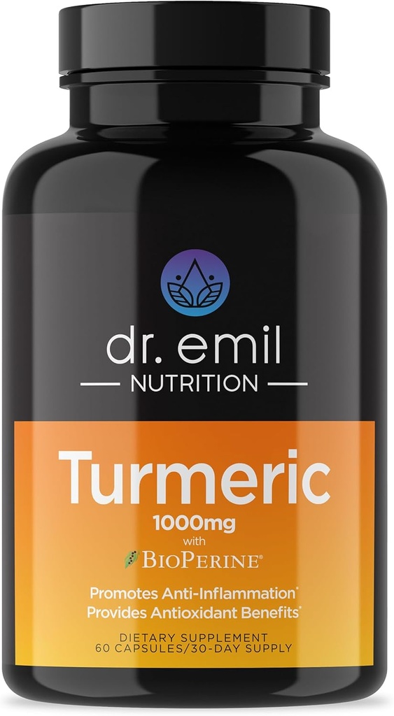DR. EMIL NUTRITION Kurkumina turmerowa z dodatkiem czarnego pieprzu - Turmerowe kapsułki z bioPeriną dla łatwego wchłaniania - 1000mg Turmeric Supplement, 60 Kapsułki