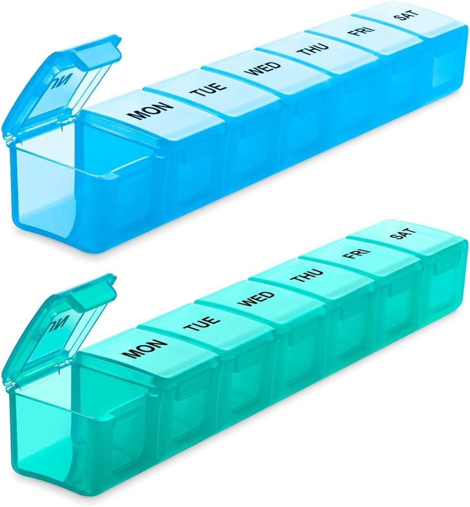 BUG HULL Cotygodniowy Pill Organizator Duże 2 opakowania, Dodatkowe duże Travel Pill Organizatorów, Pill Box 7 dzień, Travel Pill Case, Medicine Pill Organizator dla witamin, Suplementy i Leki (niebieski + zielony)