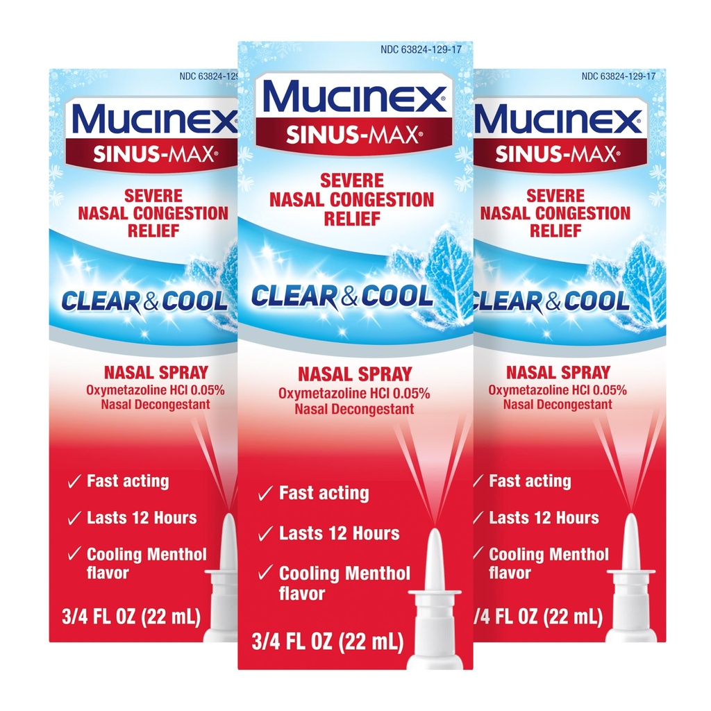 Mucinex Sinus-Max Nasal Spray Decongestant, 12 Godziny Nadmierne-TeThe@-@ Counter Nose Spray for Sinus Relief, Nasal Decongestants dla dorosłych, Chłodzenie Menthol, 0,75 Fl Oz (Opakowanie 3)