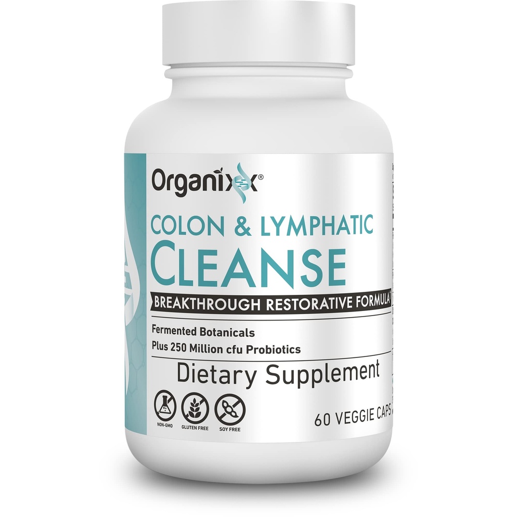 Organixx Lymphatic & Colon Cleanse Supplement, 250 Milion CFU Probiotyki dla Gut Health, Digestive & Lymphatic Wsparcie, Gluten Free, Nie GMO, 60 Kapsułki wegetariańskie