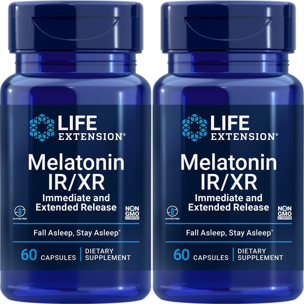 Przedłużenie życia Melatonina IR / XR, 1,5 mg, szybko- i Extended- Release Formuła dla optymalnego wsparcia snu, Zdrowe rytmy Circadian, Cellular Defense, Gluten- Free, Non-GMO, 2 X 60 Kapsułki
