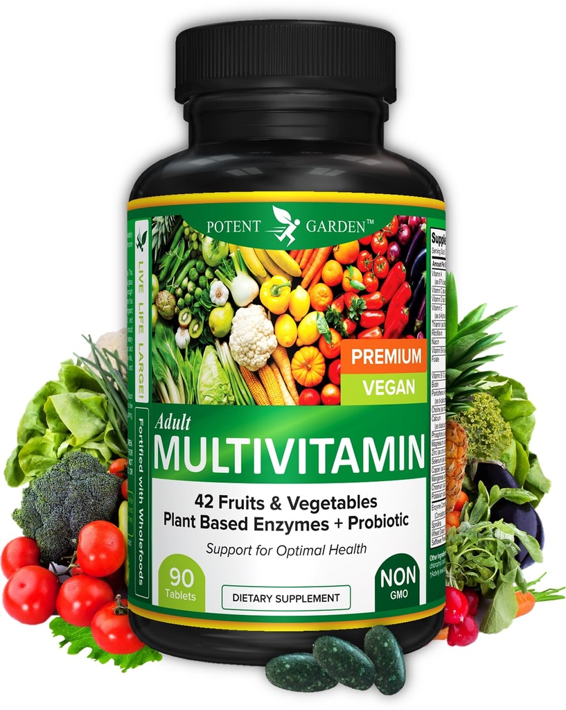 Pothent Garden Adult Multivitamin dla kobiet i mężczyzn, 42 Owoce i warzywa Plus Probiotyki, Wsparcie metabolizmu i układu immunologicznego energii, Codziennie Multivitamin dla mężczyzn i kobiet Non-GMO, 90 Tabs, 30 Służenie