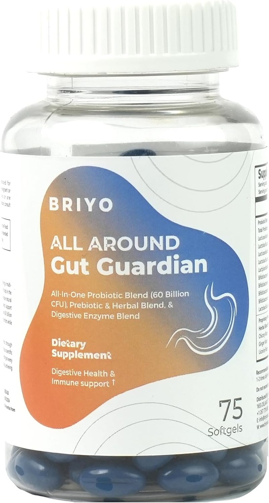 Briyo Guardian Guardian Guest Health Support - 60 Miliard CFU Probiotyki, Prebiotyki, Enzymy trawienne i Zioła na trawienie i zdrowie immunologiczne - łagodzi zaparcia, Biegunka, Gaz & Bloating