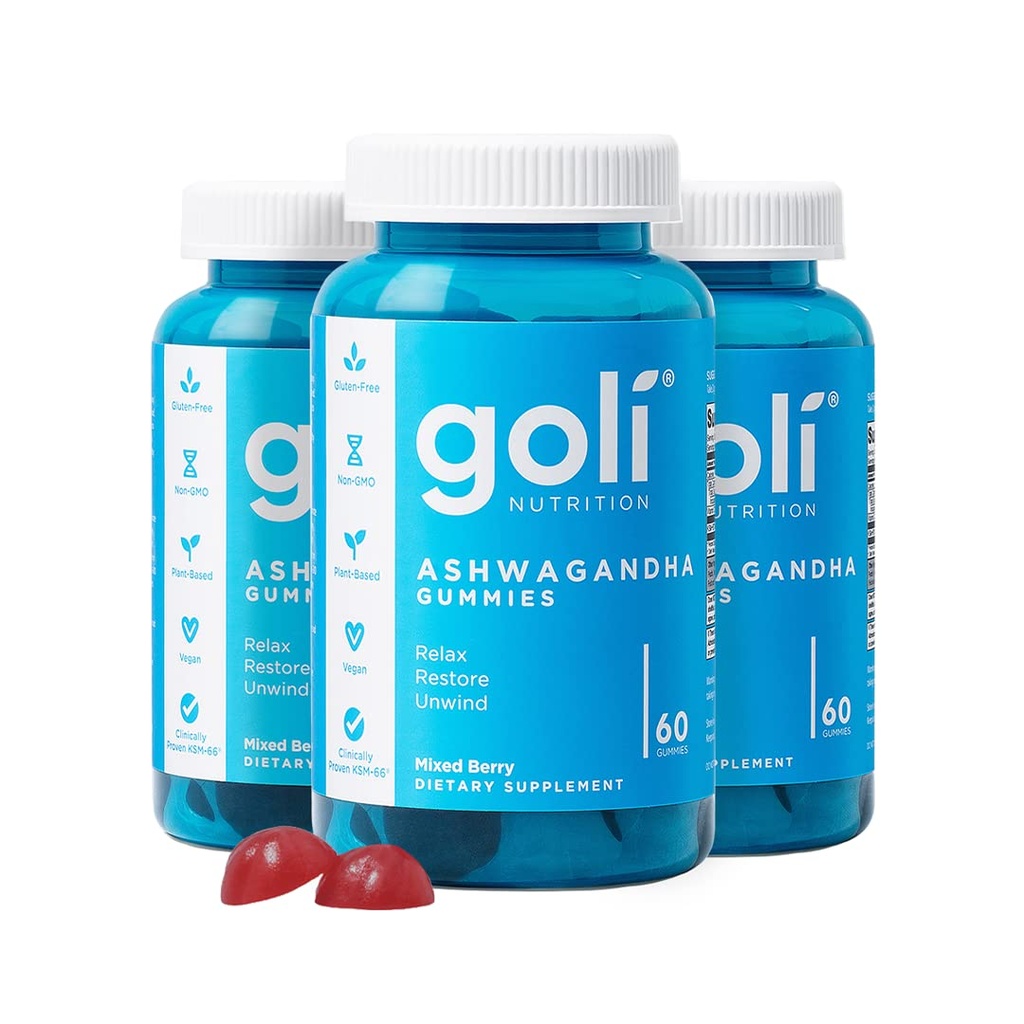 Goli Ashwagandha & Witamina D Gummy - 180 Hrabia - Mieszane Berry, KSM- 66, Wegan, Roślina oparta, Non-GMO, Gluten- Free & Żelatyna Relax. Przywróć. Unwind, opakowanie po 3