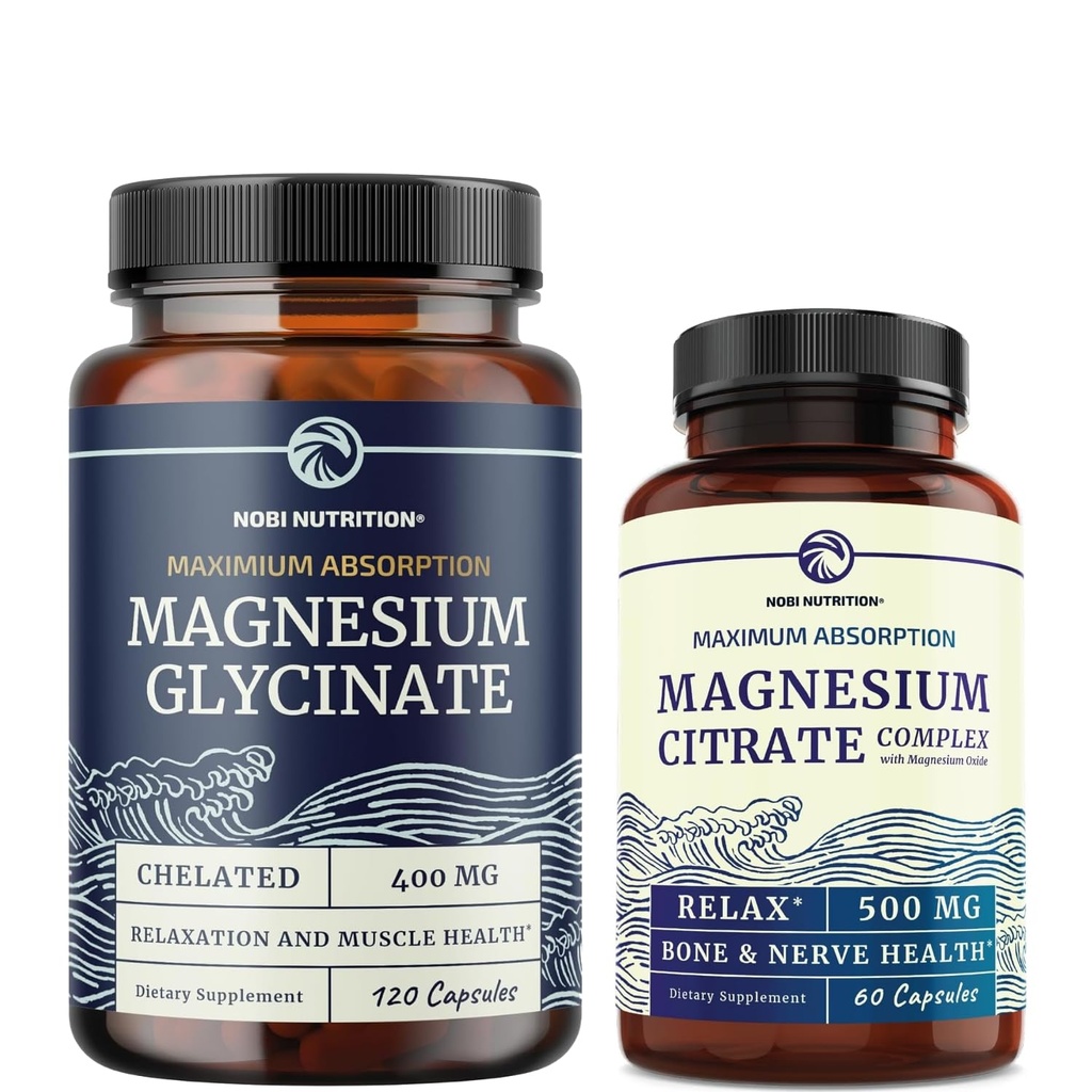 Magnezu Glycinate 400mg (120ct) & Magnezu Citrate 500 MG (60ct) < 124; Wysoka absorpcja, spokój, relaks, trawienie i wsparcie dla mięśni < 124; Witamina i żel mineralny niezmodyfikowany genetycznie