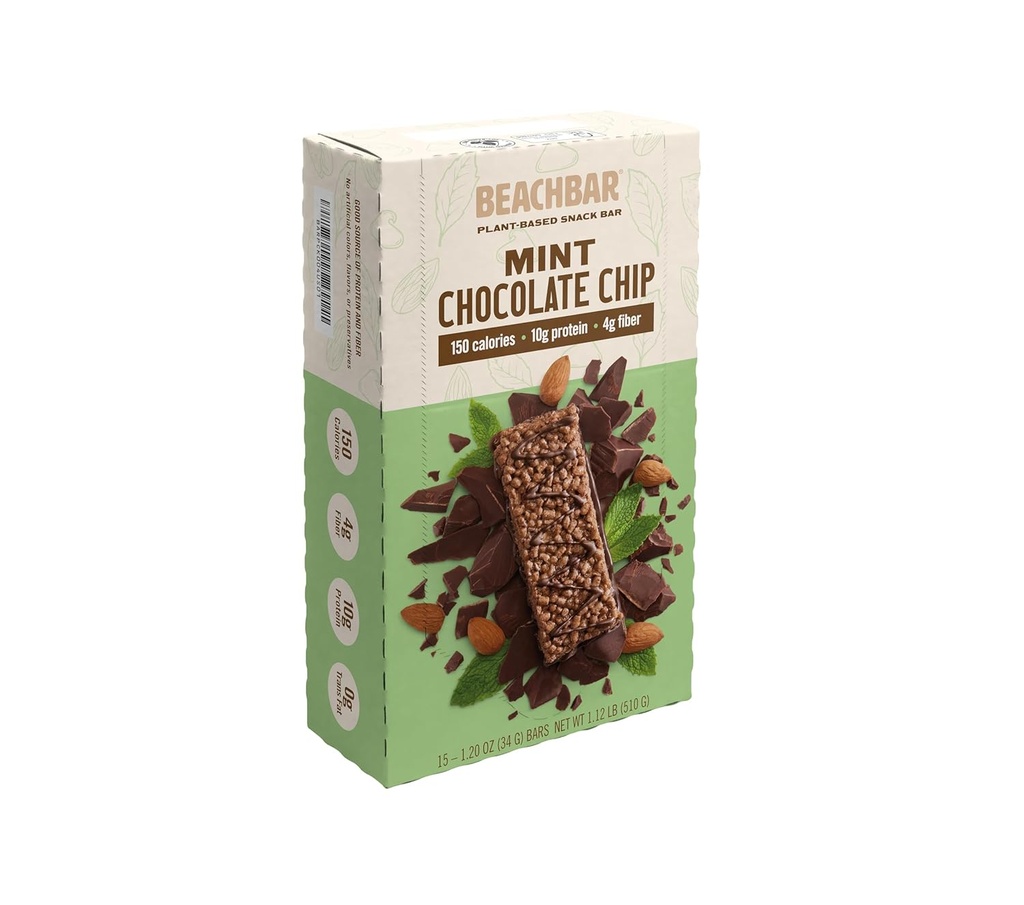BODi BEACHBAR-Based Mint Chocolate Chip - Białko bogaty Wegan Snack Bar, Gluten- Free, Niski indeks glikemiczny, 10 g białka, 150 Kalorii, 15 Barów za pudełko