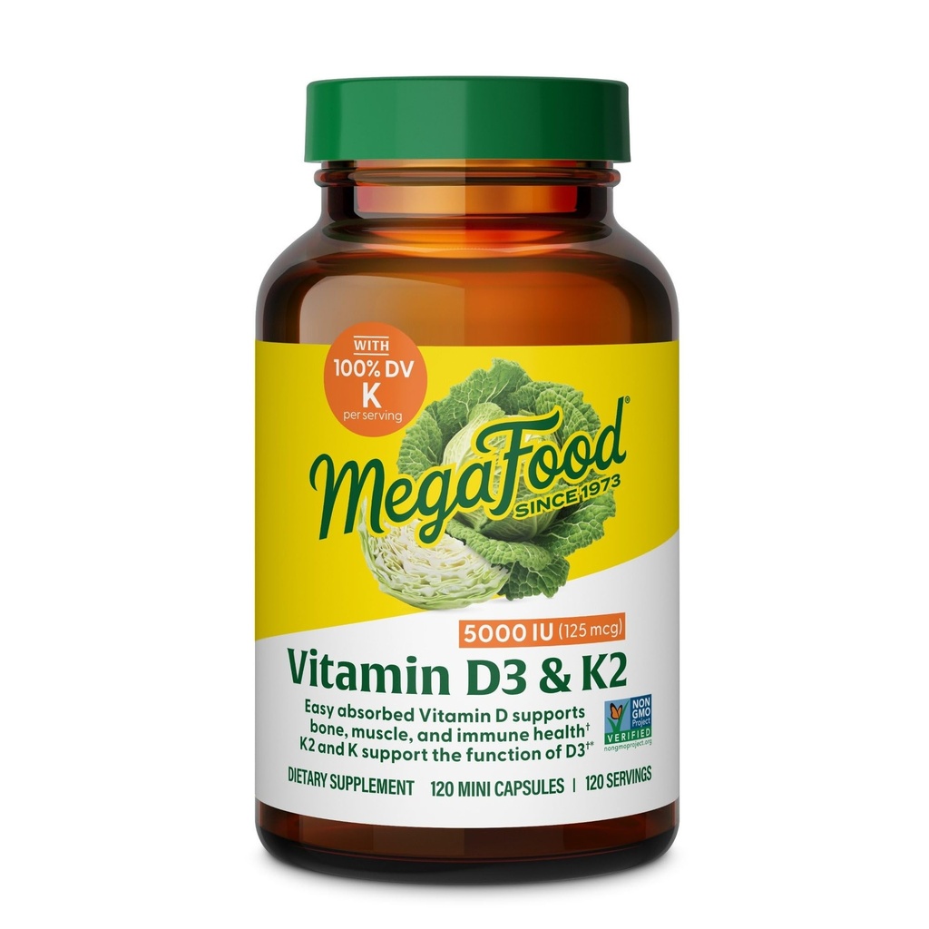MegaFood Vitamin D3 5000 IU (125 mcg) - Vegetarian Supplements with Vitamin D3 K2 - Supports Bones, Teeth, Muscles & Immune Health - Certified Non-GMO - 120 Mini Capsules, 120 Servings