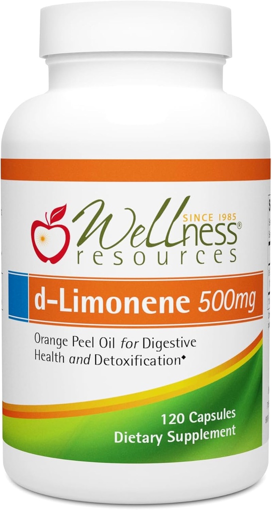 Wellness Resources High Potency d- Limonene kapsułki 500mg, 120 Kapsułek - Orange Peel Extract for Digestive Health, Heartburn, Acid Refluke, Detoksyfikacja