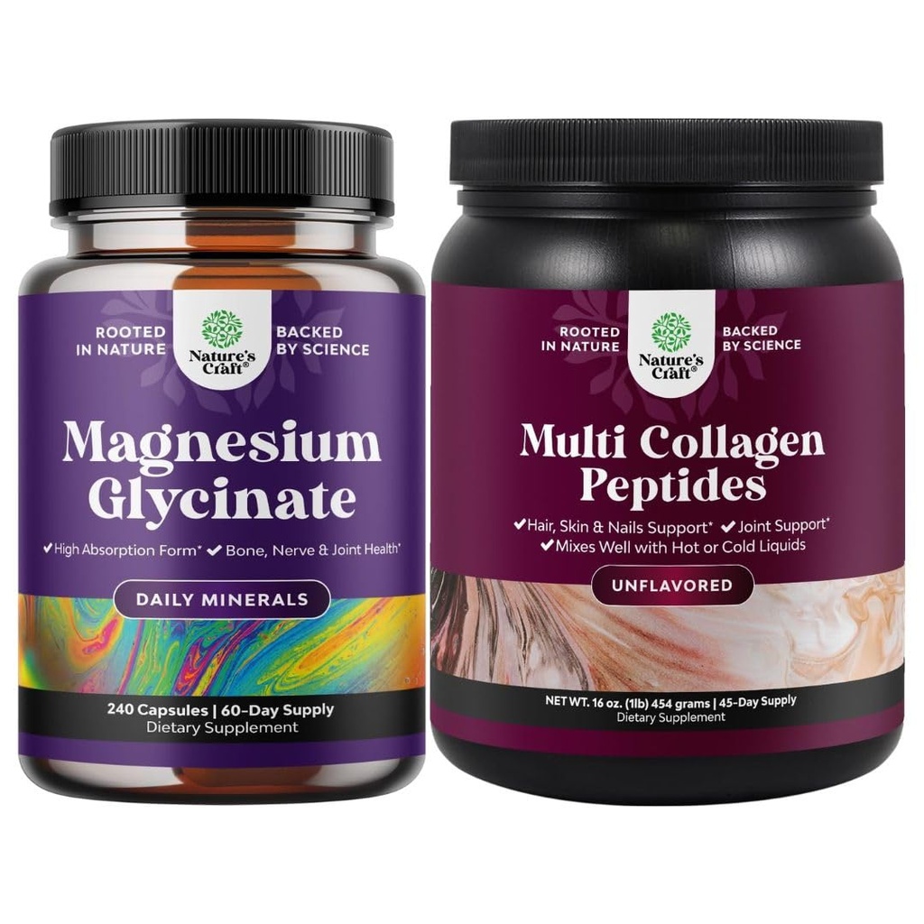 Paleta o wysokiej absorpcji Magnezu Glicynian Kapsułki do uspokajania Sen Plus Mięśnie kości i Nerwy Wsparcie i Multi Collagen Protein Proszek dla kobiet i mężczyzn - skóry włosów i paznokci Witaminy