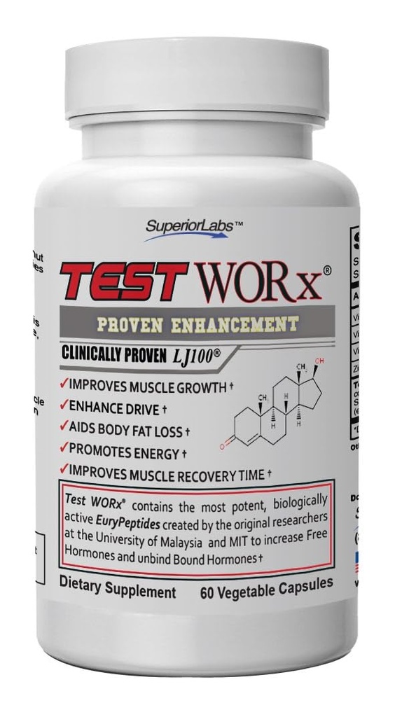 Superior Labs Test Worx Natural Testosteron Booster Suplement z klinicznie udowodnione LJ100 i 8 Inne potężne składniki - zauważalne zwiększenie energii, Stamina, Odzysk, Sen i nastroje