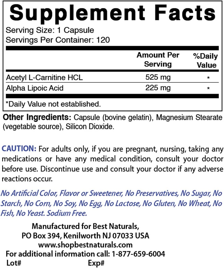 Najlepsze naturals Acetyl L- Karnityna i kwas lipidowy alfa 750 mg & B- 100 Complex