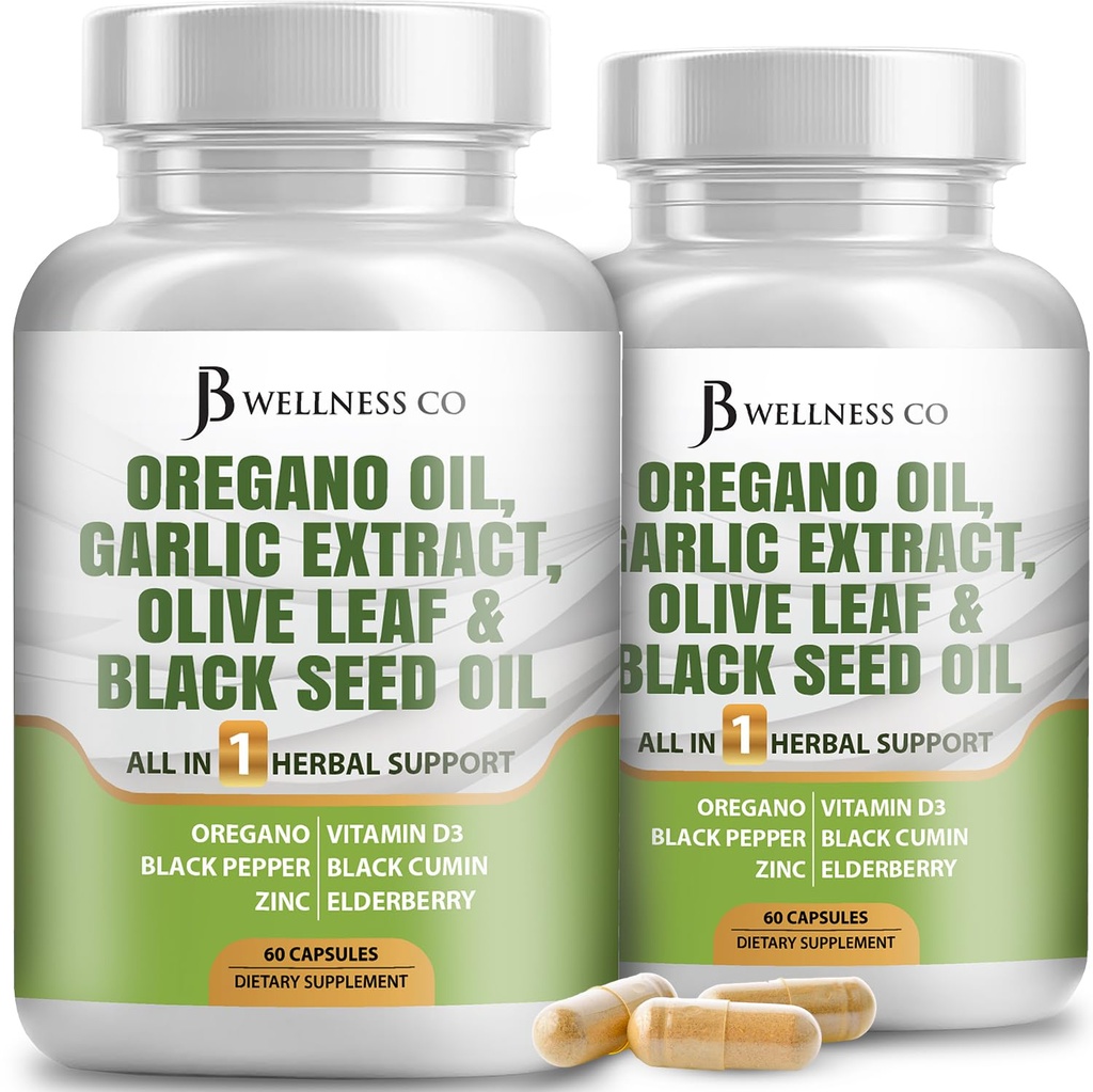 JB Wellness Oregano Oil, Ekstrakt czosnkowy, Olive Leaf, with Astragalus - Immune Support & Digestive Health Supplement for Women and Men - 120 Count