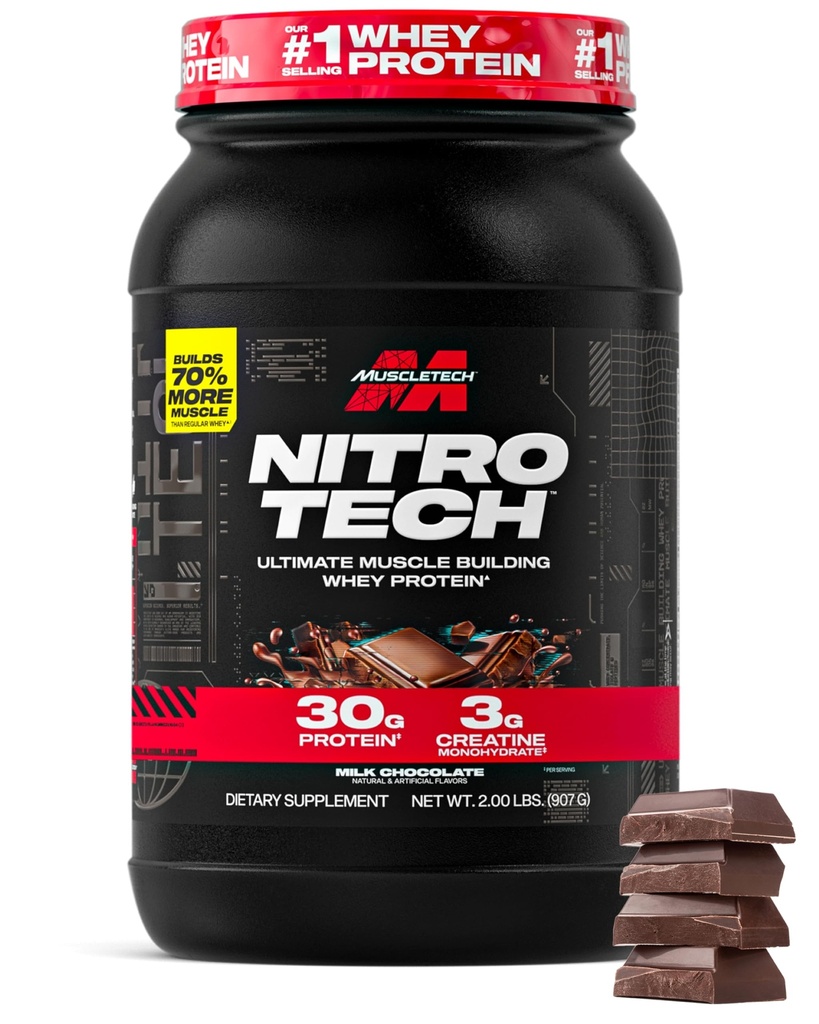 Muscletech Chey Protein Powder (Czekolada mleczna, 2 funt) - Nitrotech Ultimate Muscle Building Formula z izolatem białka serwatki - 30g białka, 3g kreatyny i 6.8g BCAA - Packaging May Vary