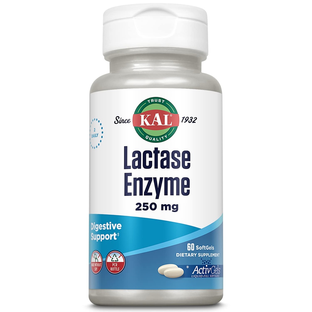 KAL Lactase Enzym 250 mg, Zdrowa pomoc na nietolerancję laktozy, Napełnione płynem ActivGels Made Without Soy, 250 jednostek FCC, 30 Służenie, 60 SoftGels