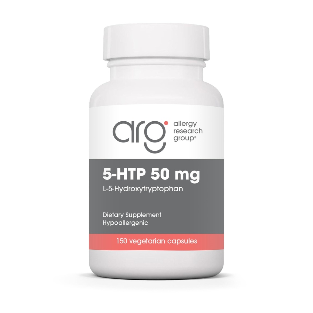 Alergia Research Group 5- HTP 50mg Suplement - Serotonina dla mężczyzn i kobiet, Wsparcie snu, L- 5- Hydroksytryptofan, Czysty, Kapsułki wegetariańskie - 150 Hr