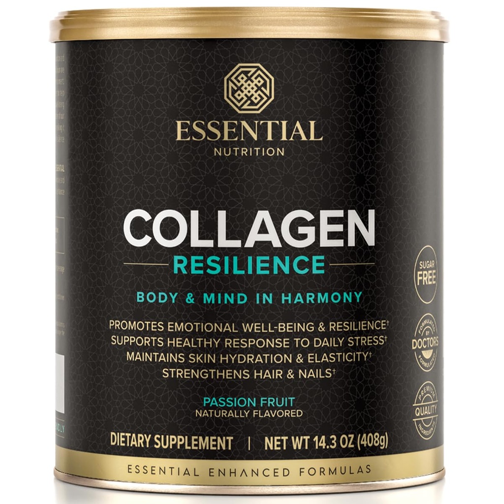 Esencjonalny Kolagen odżywczy Resilience - Zhydrolizowany Kolagen Peptydów Proszek z kwasem hialuronowym, Krzem, Amino- Kwasy i Passion Flower Extract - Passion Fruit - 14.3 oz (30 Sług)