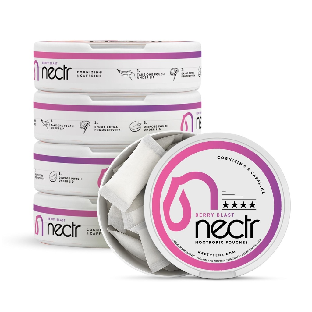 Nectr Energy Nootropic Pouches - Berry Blast Flavored, Kofeina Pouches with Cognizin ® Citicoline. Leczenie bez cukru. Gładki, Trwały suplement ogniskowy i energetyczny - 5 pudełek po 16 szt.