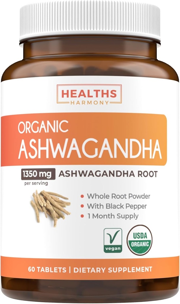 USDA Organic Ashwagandha Suplement - Wysoka potencja Ashwagandha Pigułki Made with Organic Black Pepper for Enhanced Absorption - Wegan Non-GMO Made in the USA & Lab Verified (1 miesiąc dostaw)